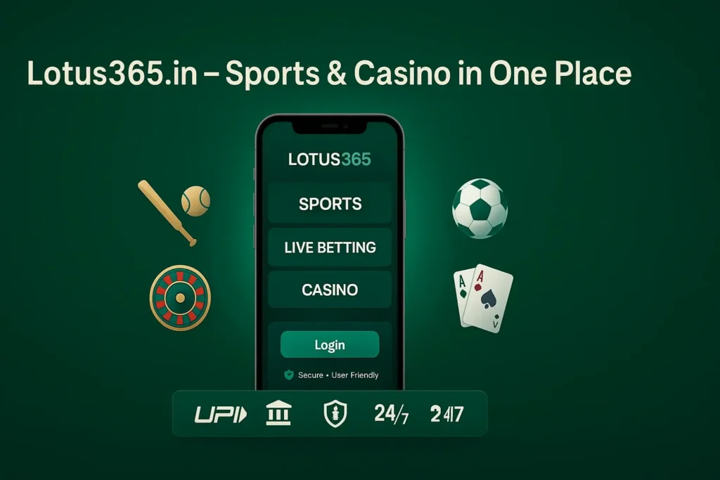 Lotus365.in banner showing a smartphone with sports, live betting, and casino options, surrounded by cricket, football, roulette